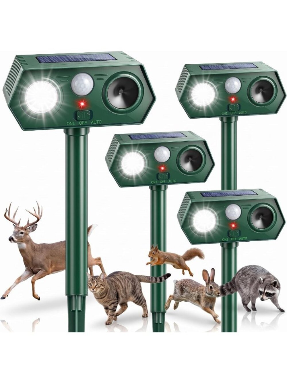Upgraded Solar Ultrasonic Animal Repeller - Motion Sensor, LED Light, 4 Pack for
